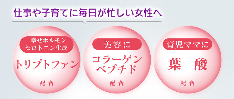 仕事や子育てに毎日忙しい女性へ 「ナノ化コラーゲンペプチド」配合、幸せホルモンセロトニン生成「トリプトファン」配合、育児ママに「葉酸」配合