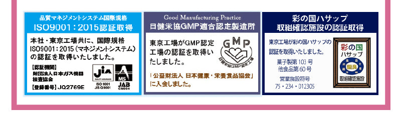 「品質マネジメントシステム国際規格　ISO9001：2015認証取得」本社・東京工場と共に、国際規格ISO9001：2015（マネジメントシステム）の認証を取得いたしました。「日建栄協GMP適合認定製造所」東京工場がGMP認定工場の認証を取得いたしました。「彩の国ハサップ取組確認施設の認証取得」東京工場が彩の国ハサップの認証を取得いたしました。