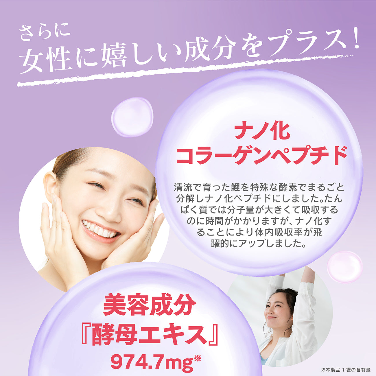 さらに女性に嬉しい成分をプラス！ナノ化コラーゲンペプチド（904.5mg※）清流で育った鯉を特殊な酵素でまるごと分解しナノ化ペプチドにしました。タンパク質では分子量が大きくて吸収するのに時間がかかりますが、ナノ化することにより体内吸収率が飛躍的にアップしました。